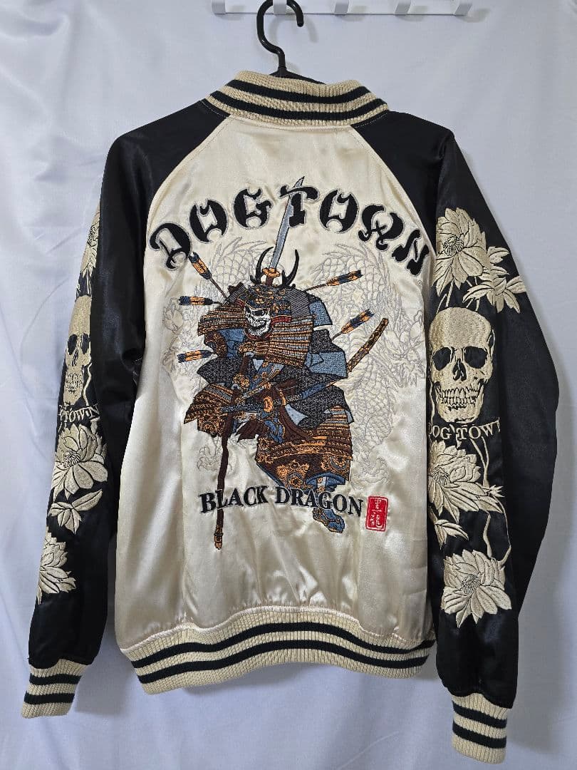 希少モデル DOG TOWN 黒龍 髑髏侍&龍 大判 刺繍 スカジャン