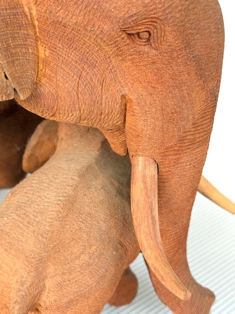 珍しい 希少！50cm リアル 一刀彫り 親子 ゾウ 彫刻 アンティーク 象