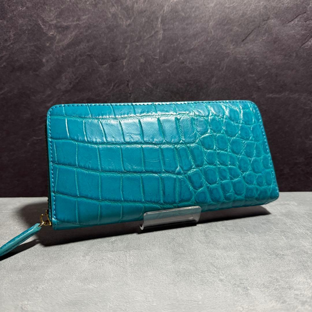 新品 クロコダイル 長財布 ターコイズブルー マット仕上げ ゴールドファスナー