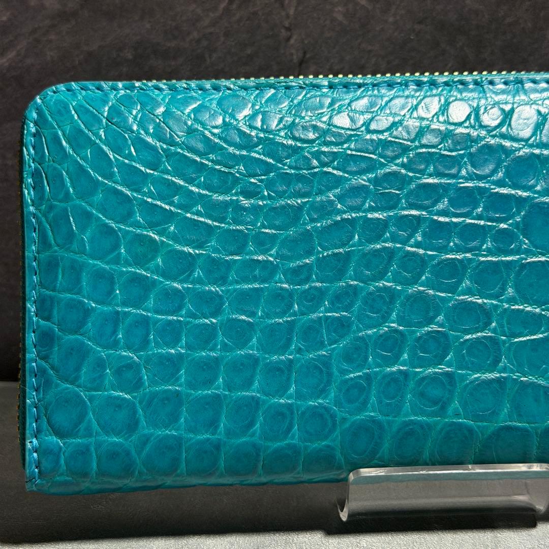 新品 クロコダイル 長財布 ターコイズブルー マット仕上げ ゴールドファスナー