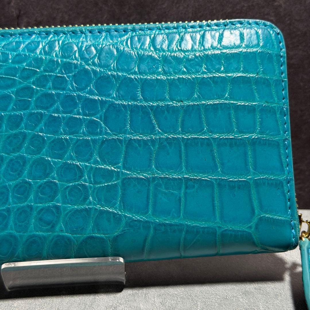 新品 クロコダイル 長財布 ターコイズブルー マット仕上げ ゴールドファスナー