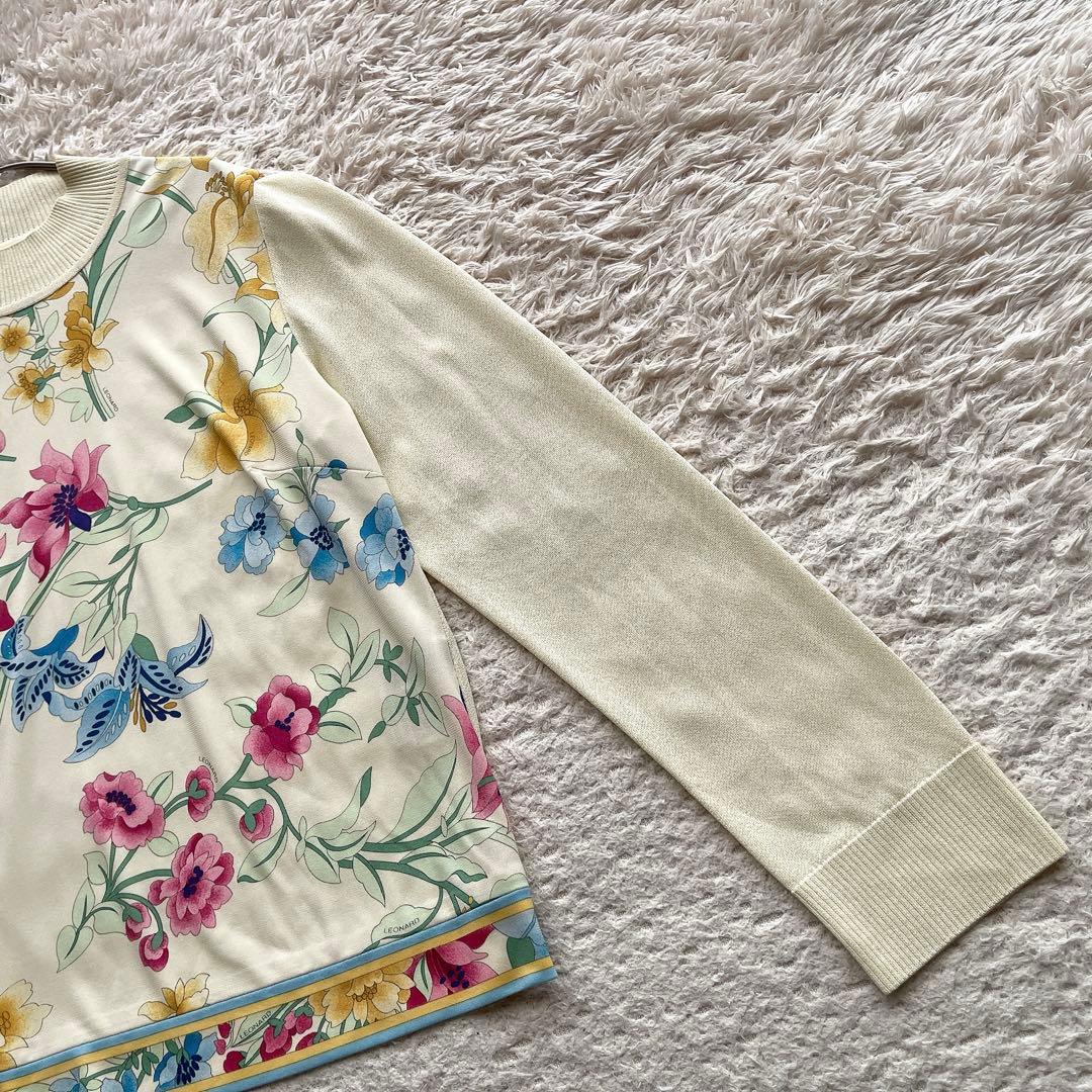 美品【大きいサイズ42】レオナール サマーニット 花柄 トリム 異素材切り替え