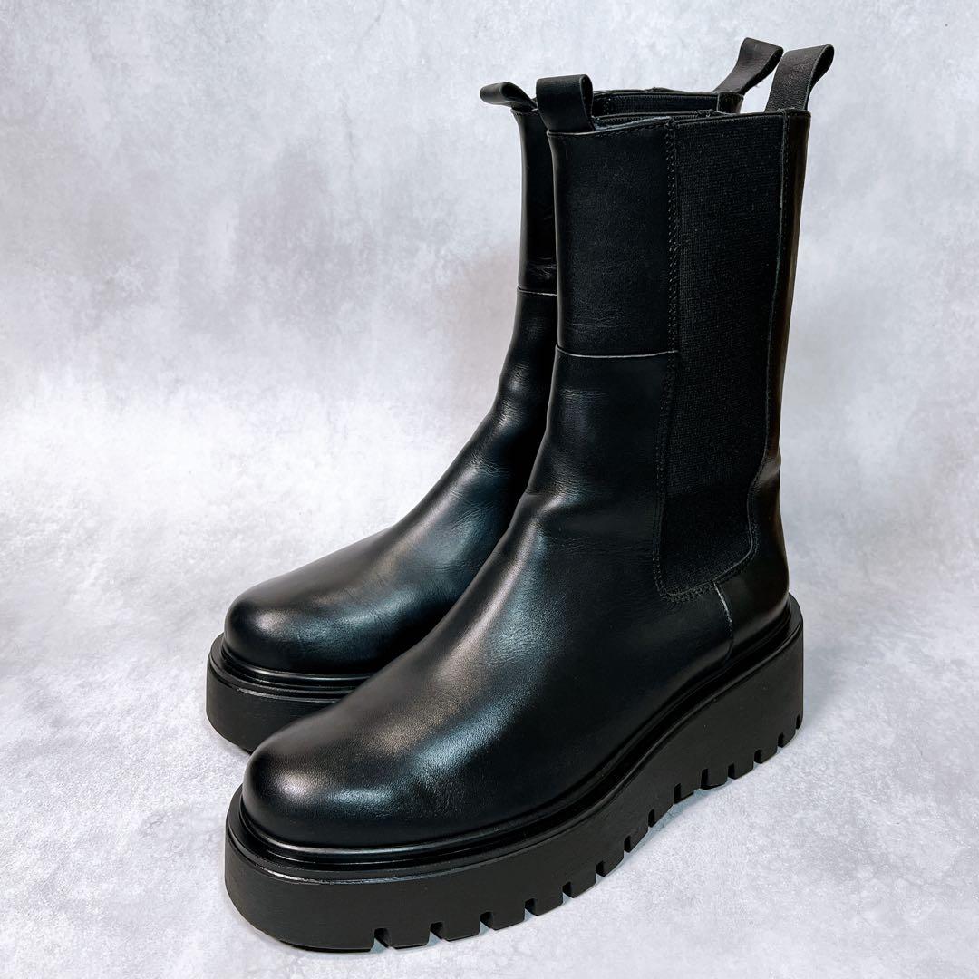 ☆美品☆【コルソローマ9】サイドゴアブーツ (37) レザー　厚底　ブラック
