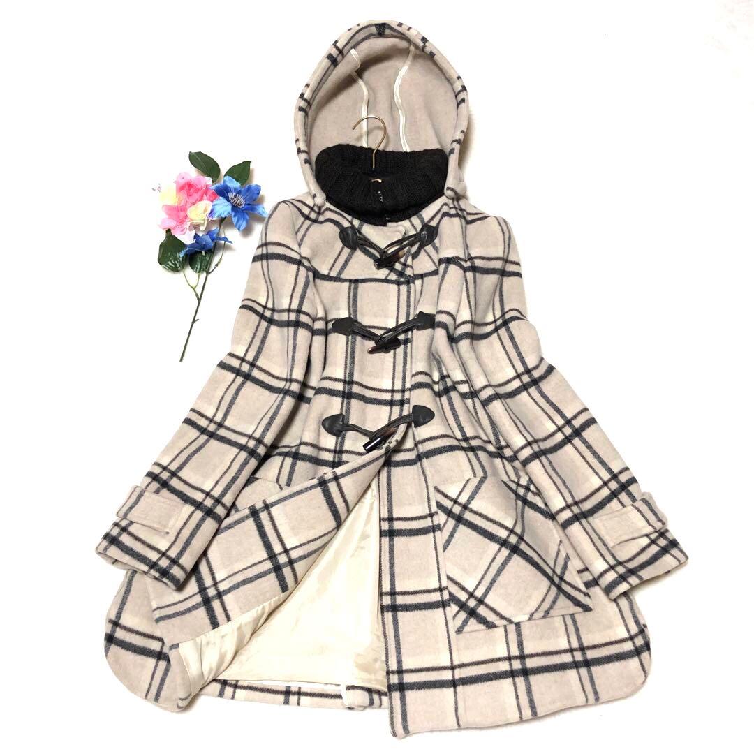 未使用級　マックス&コー　ダッフルコート　チェック　トグル　レザー　アイボリー系