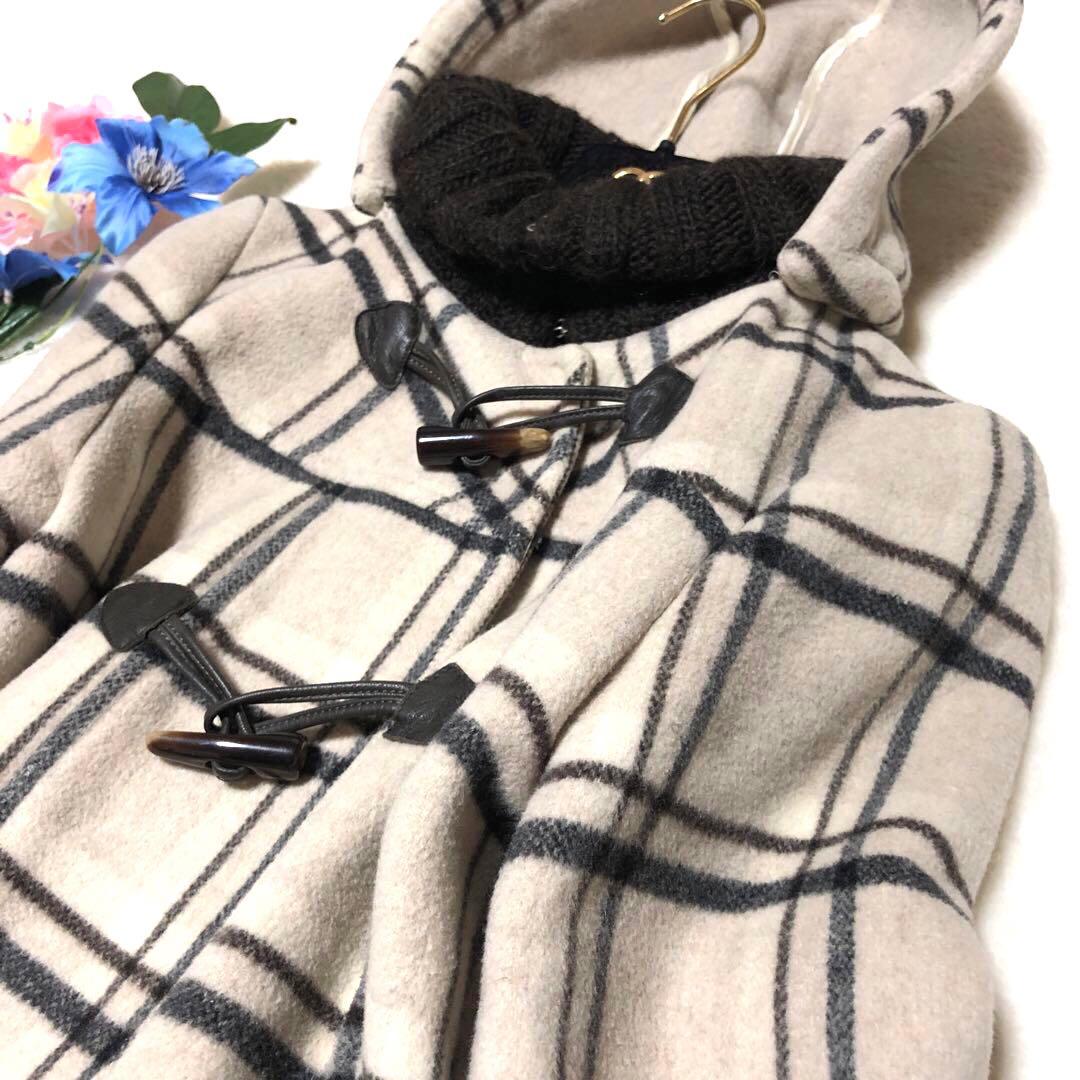 未使用級　マックス&コー　ダッフルコート　チェック　トグル　レザー　アイボリー系