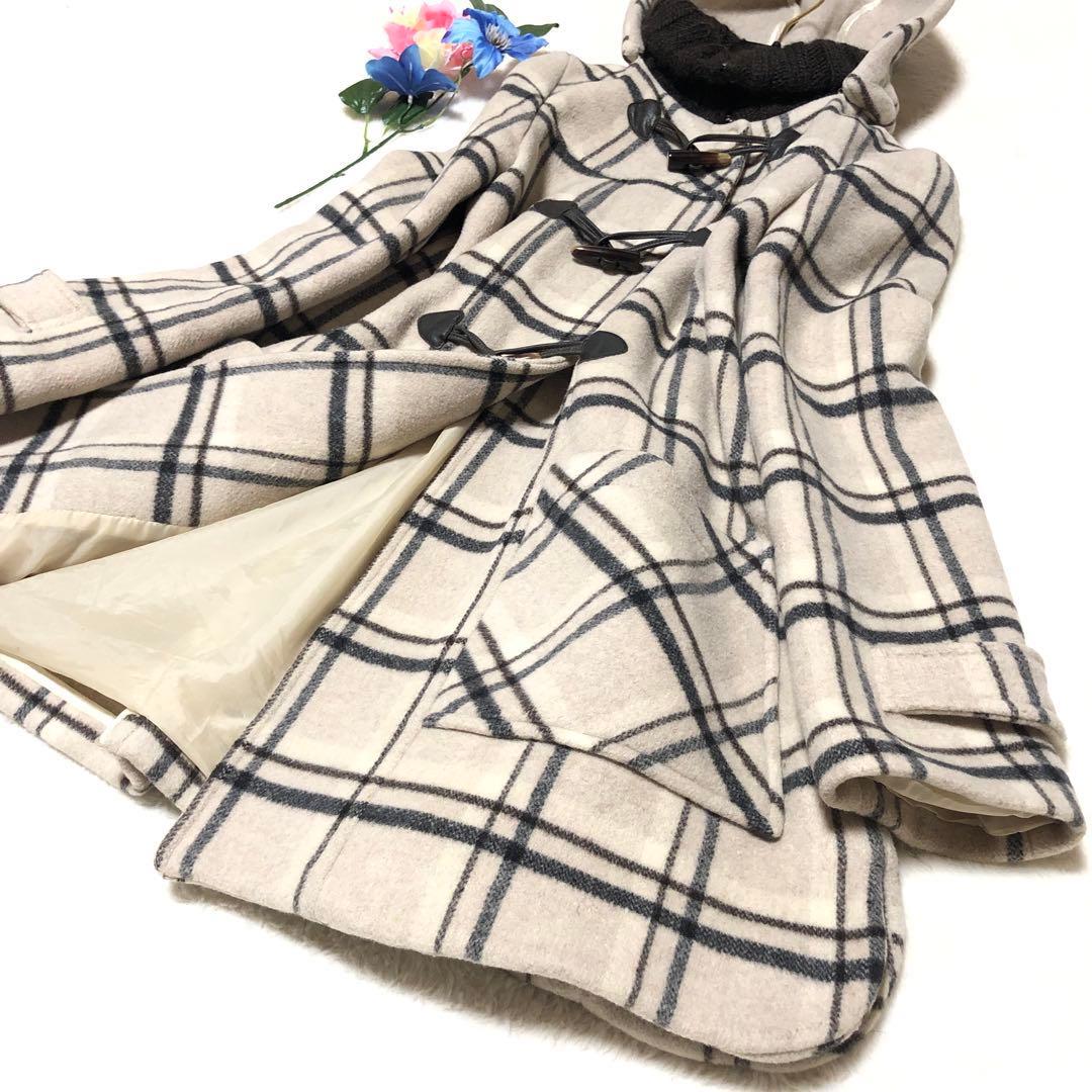 未使用級　マックス&コー　ダッフルコート　チェック　トグル　レザー　アイボリー系