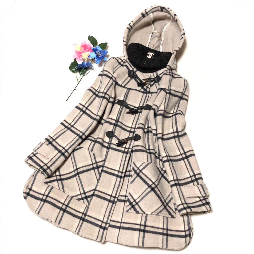 未使用級　マックス&コー　ダッフルコート　チェック　トグル　レザー　アイボリー系