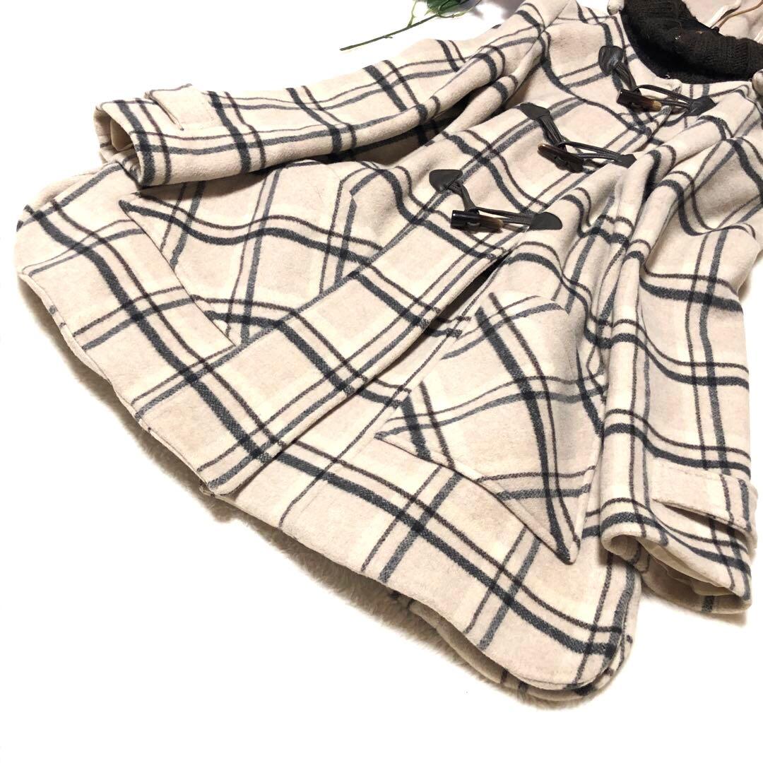 未使用級　マックス&コー　ダッフルコート　チェック　トグル　レザー　アイボリー系