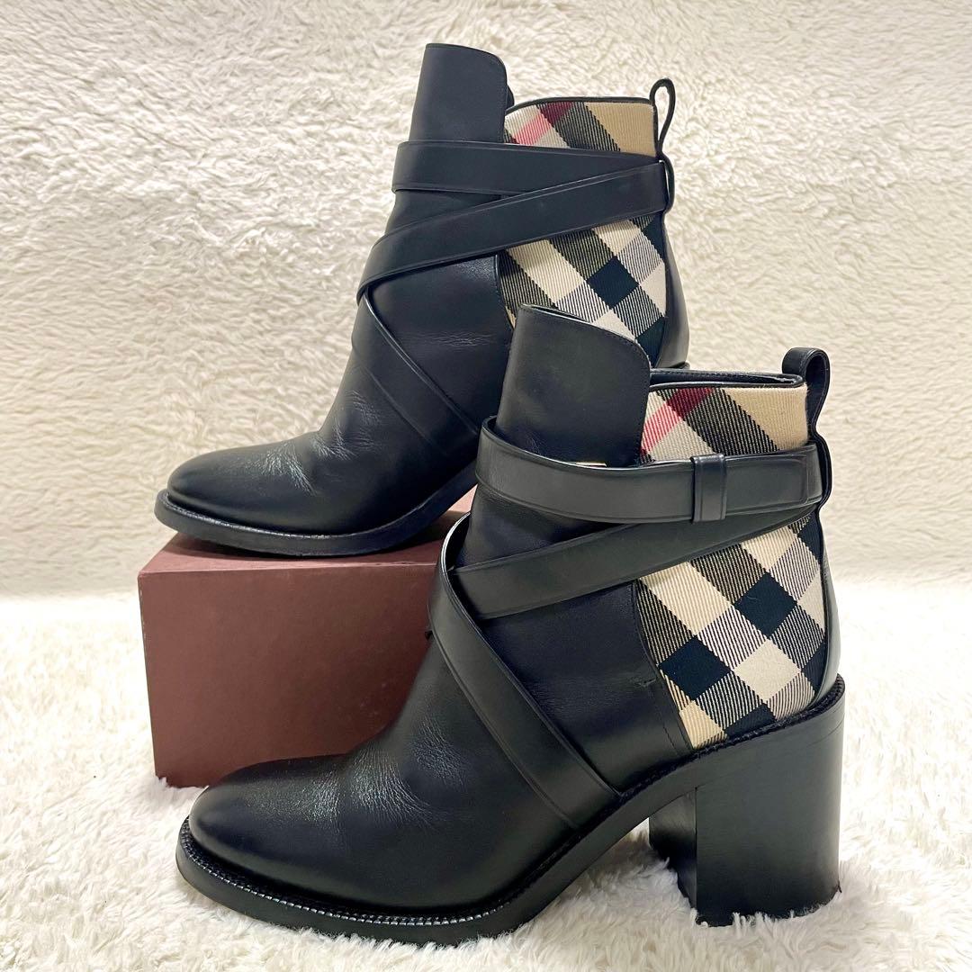 現行モデル BURBERRY バーバリー チェック＆レザー ヒールブーツ