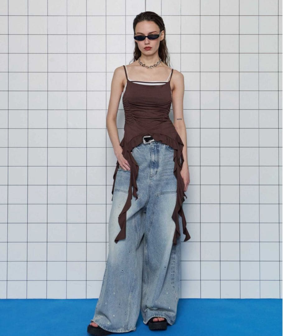 ダメージ加工ライトブルーデニムワイドレッグ