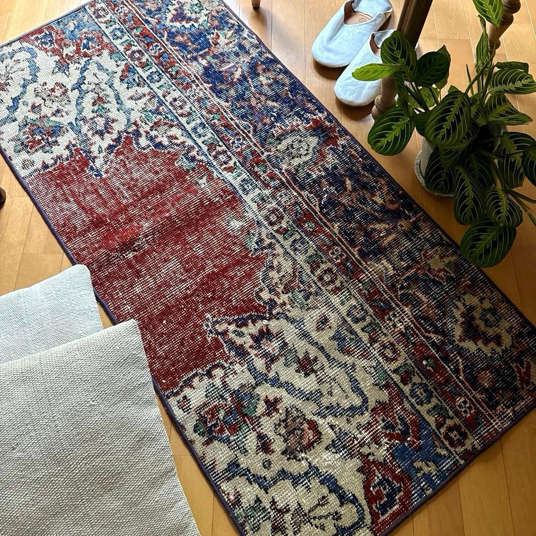 pp60×125赤ブラウン×深みネイビートルコヴィンテージラグ