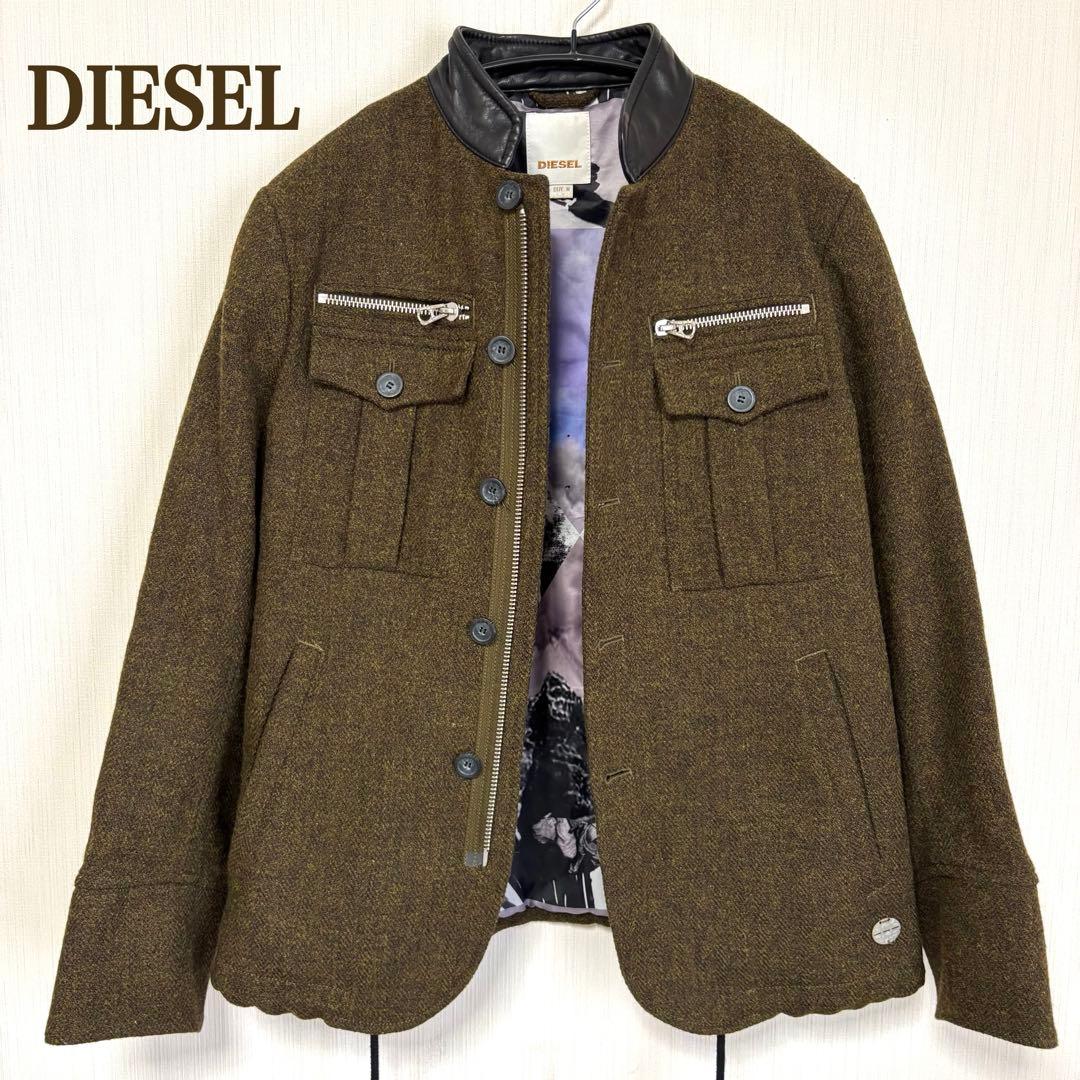 【美品】DIESEL ディーゼル 裏地アート総柄 ウールジャケット 襟レザー　M