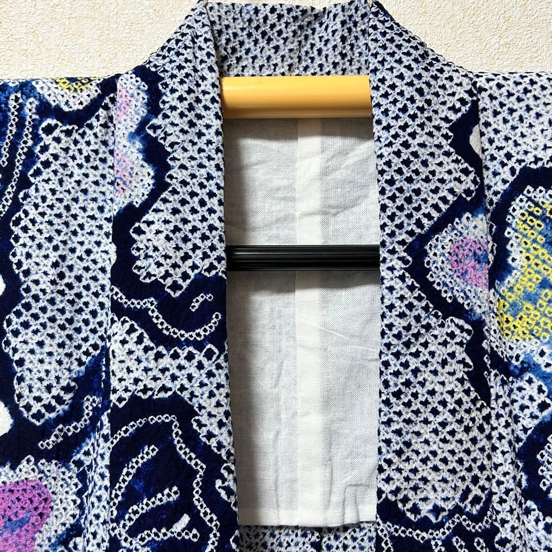 有松鳴海絞り　浴衣　葡萄　蔦の葉　裄66.5 紺　高級　洗える夏着物【Ａ5】