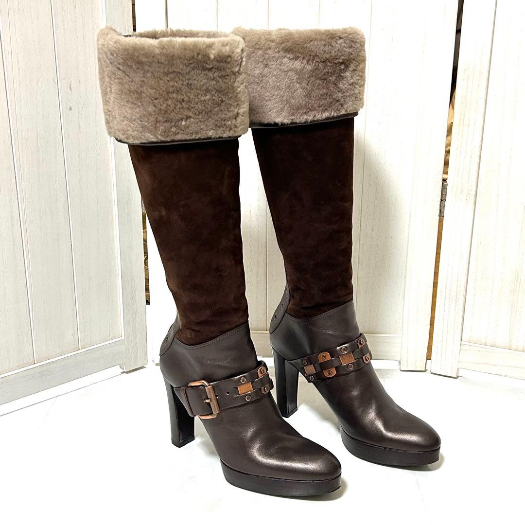 美品 CELINE スエード レザー ファー ロングブーツ 2way 36.5