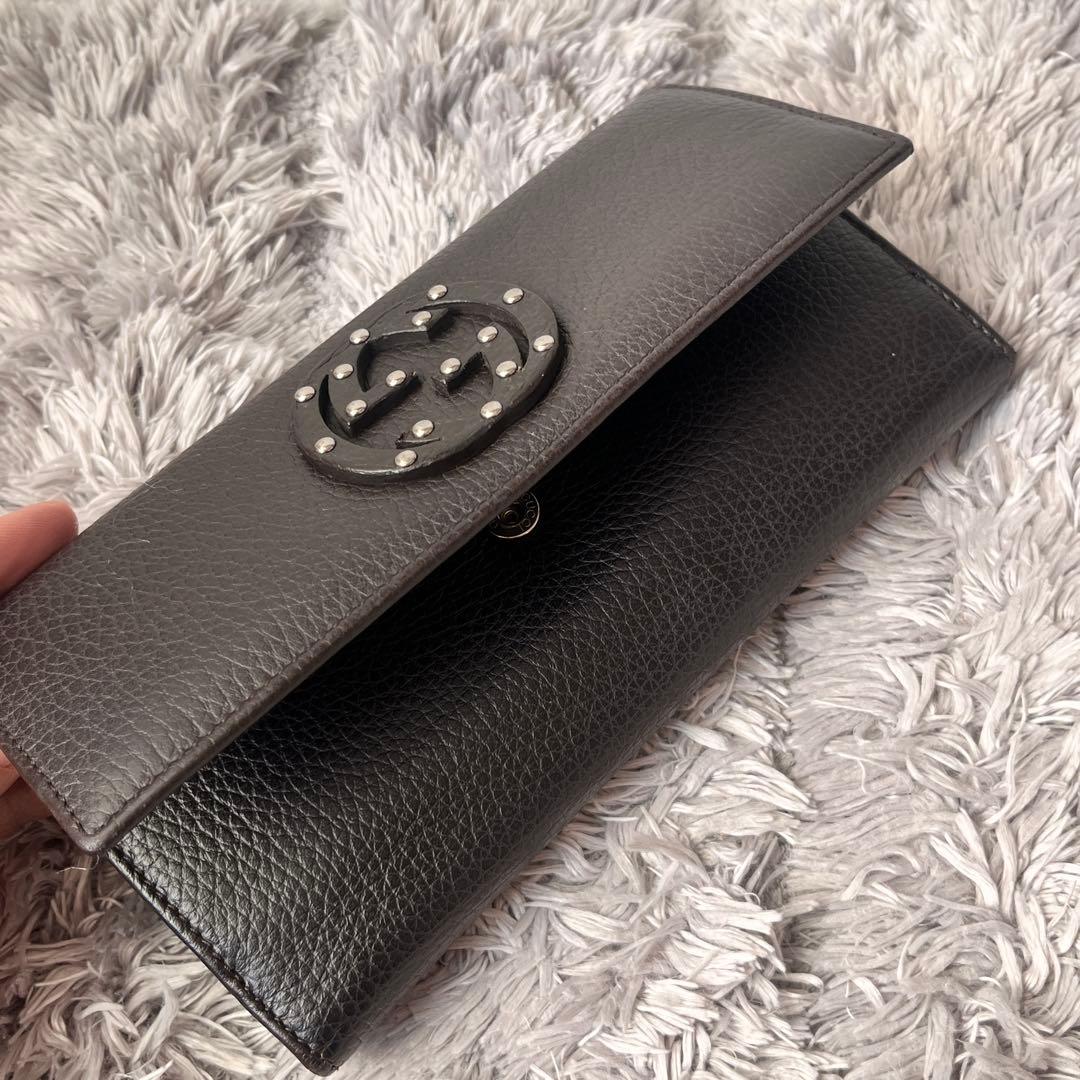 極美品✨GUCCI インターロッキング　長財布　シボレザー　ブラウン　Wホック