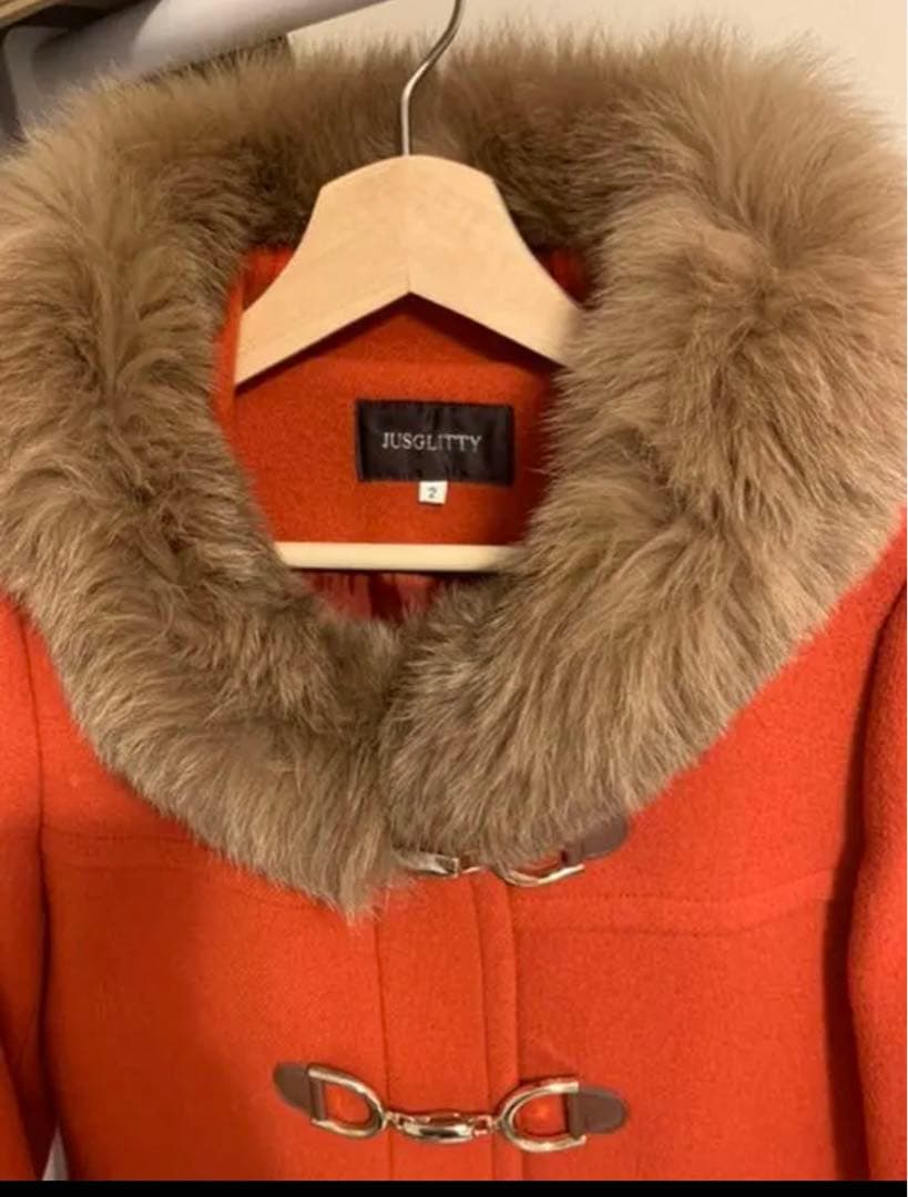 JUSGLITTY フォックスファー ビットゴールドダッフルコート　赤　レッド