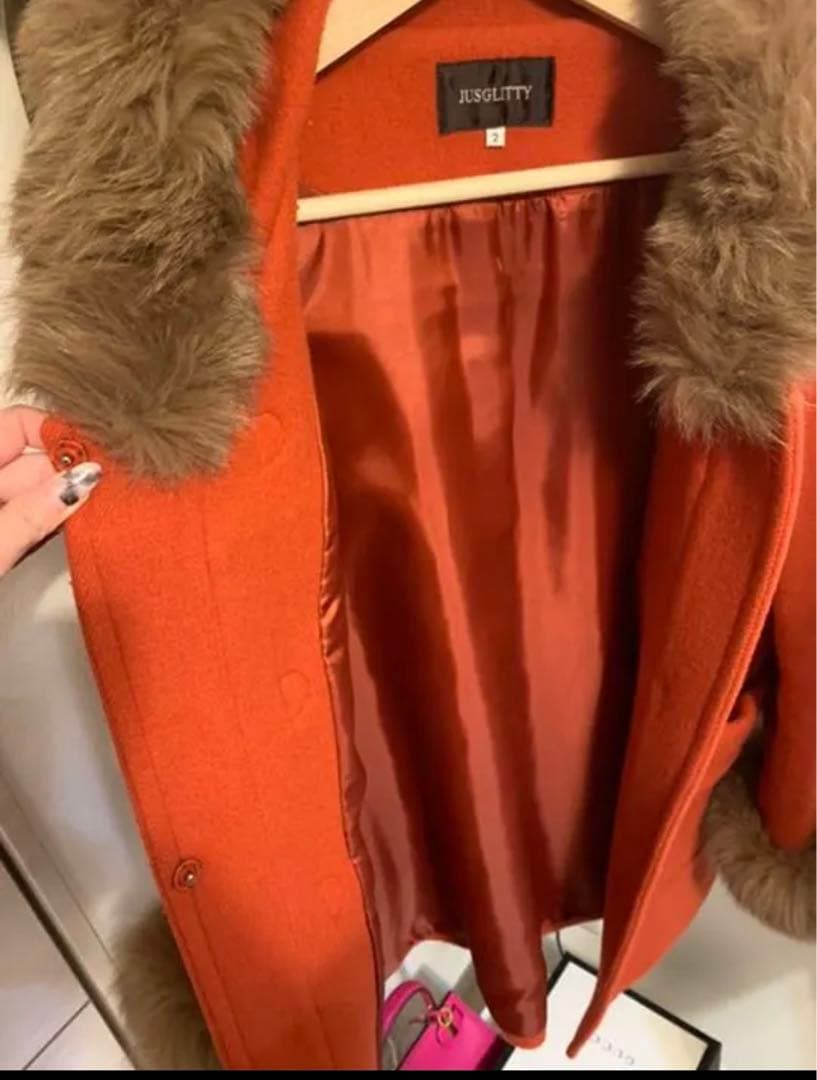 JUSGLITTY フォックスファー ビットゴールドダッフルコート　赤　レッド