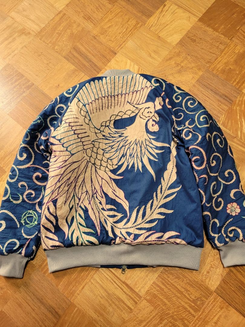 め0127古布リメイク木綿幟旗柿渋染刺し子ジップアップ鳳凰スカジャンハンドメイド