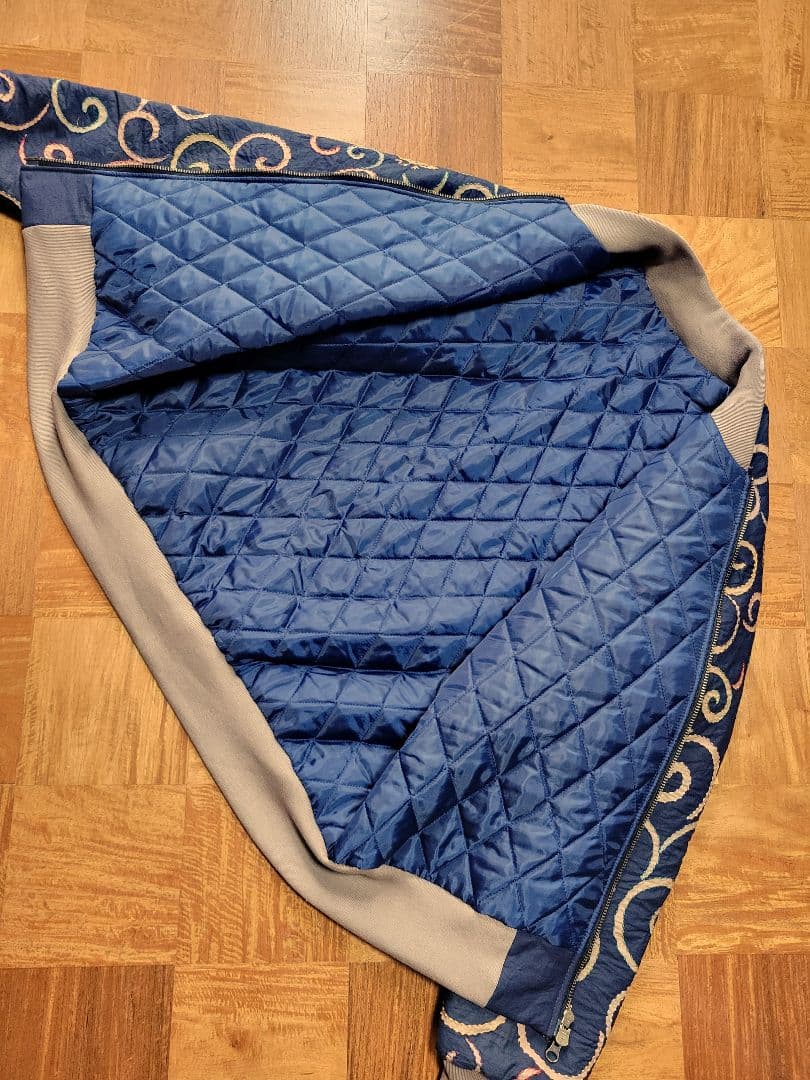 め0127古布リメイク木綿幟旗柿渋染刺し子ジップアップ鳳凰スカジャンハンドメイド