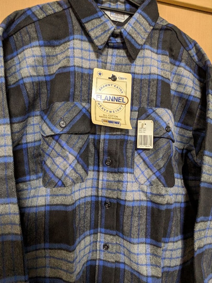 デッドストック　FIVE BROTHERネルシャツ灰×黒×青（USA製・XL）