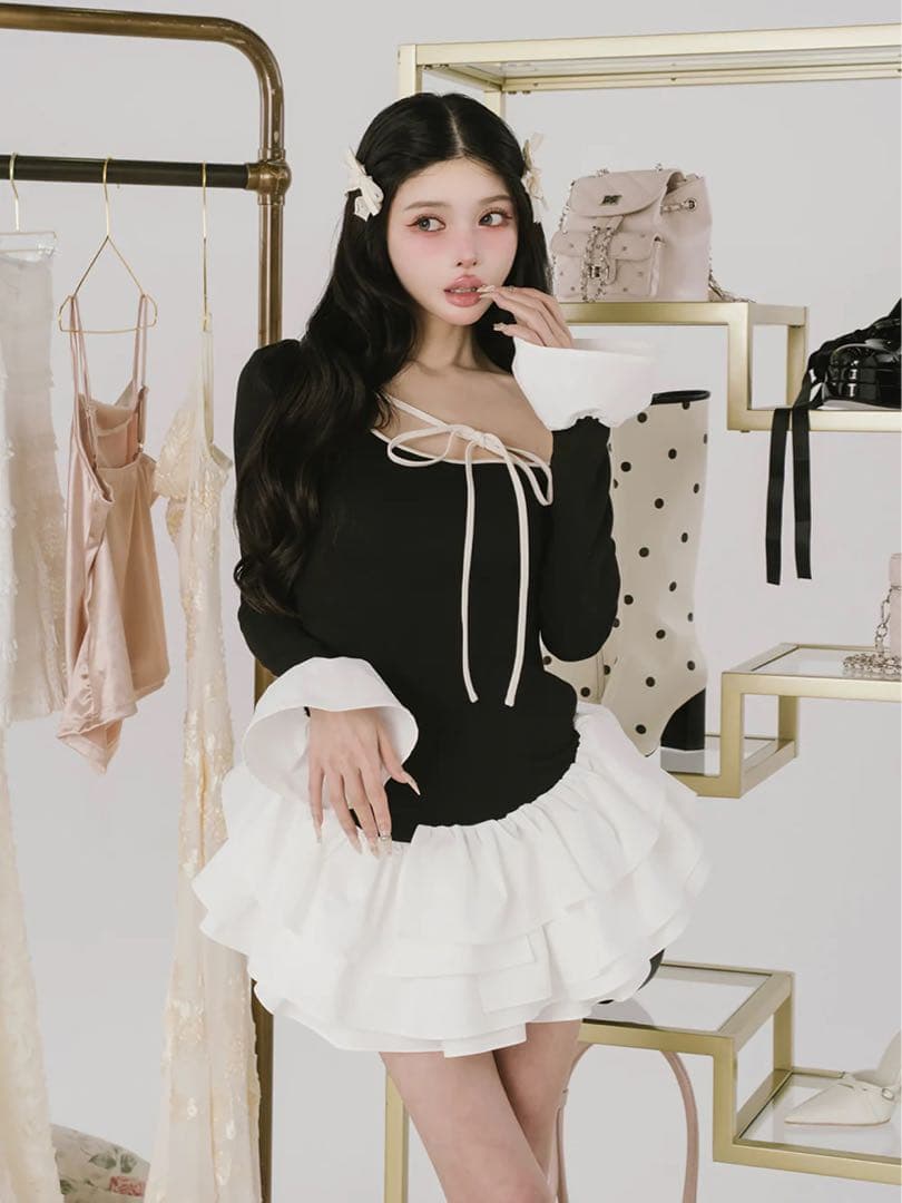 ダーリッチデザインネックリボンミニワンピース