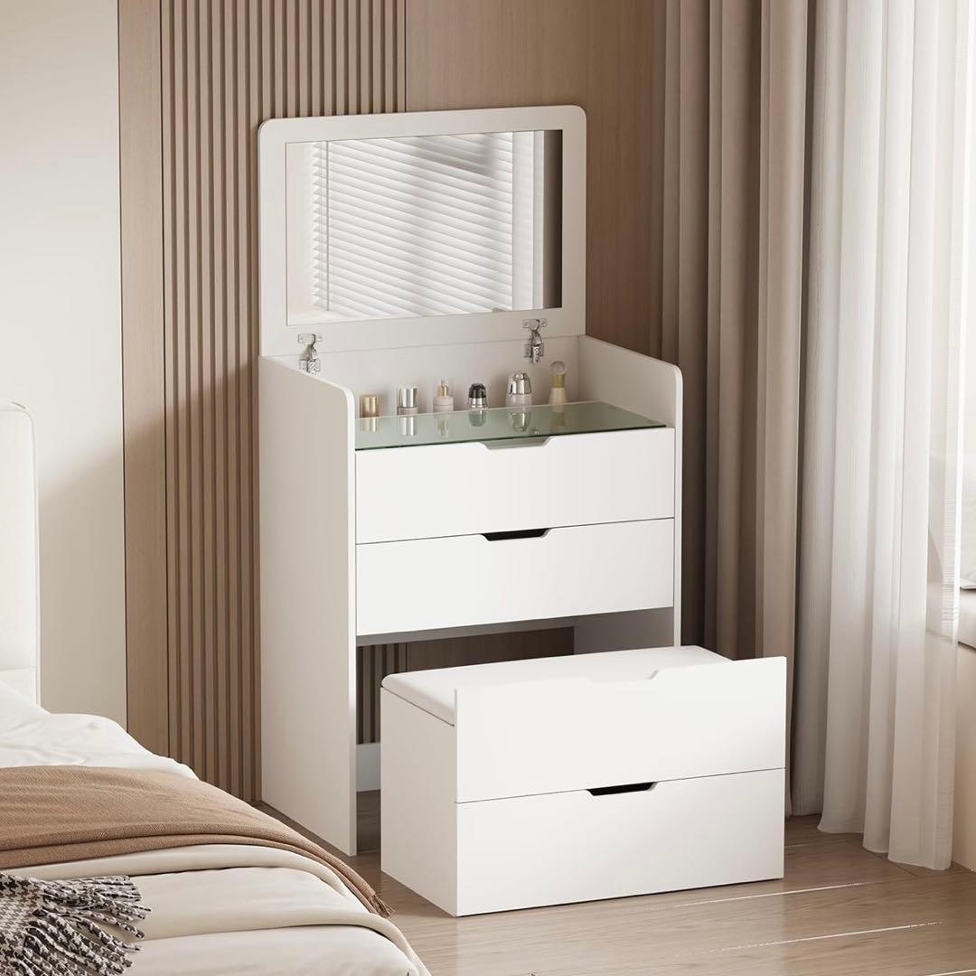 1台3役 ドレッサー キャビネット サイドテーブル 鏡付き スツール付き