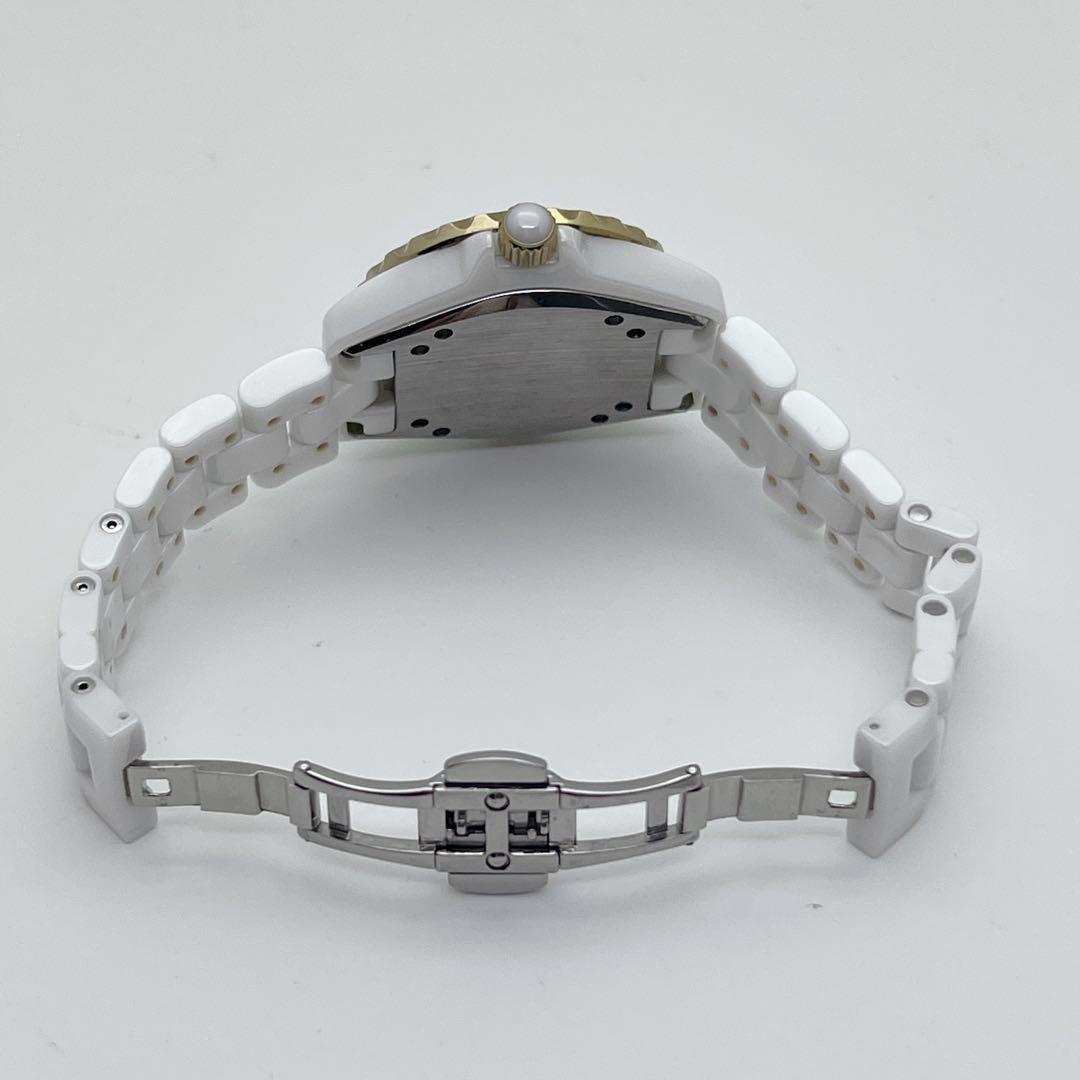 スタージュエリー セラミック ホワイト レース文字盤 ゴールド デイト 新品電池