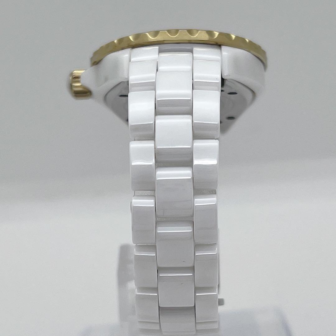 スタージュエリー セラミック ホワイト レース文字盤 ゴールド デイト 新品電池