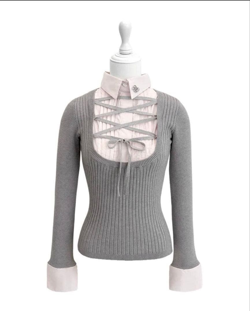 HONEYMEW ハニミュ ハニーミュウ グレー レースアップニットセーター