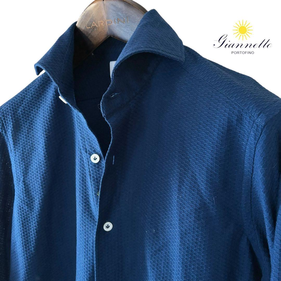 GIANNETTO vinci fit/ネイビー/コットンニットストレッチシャツ