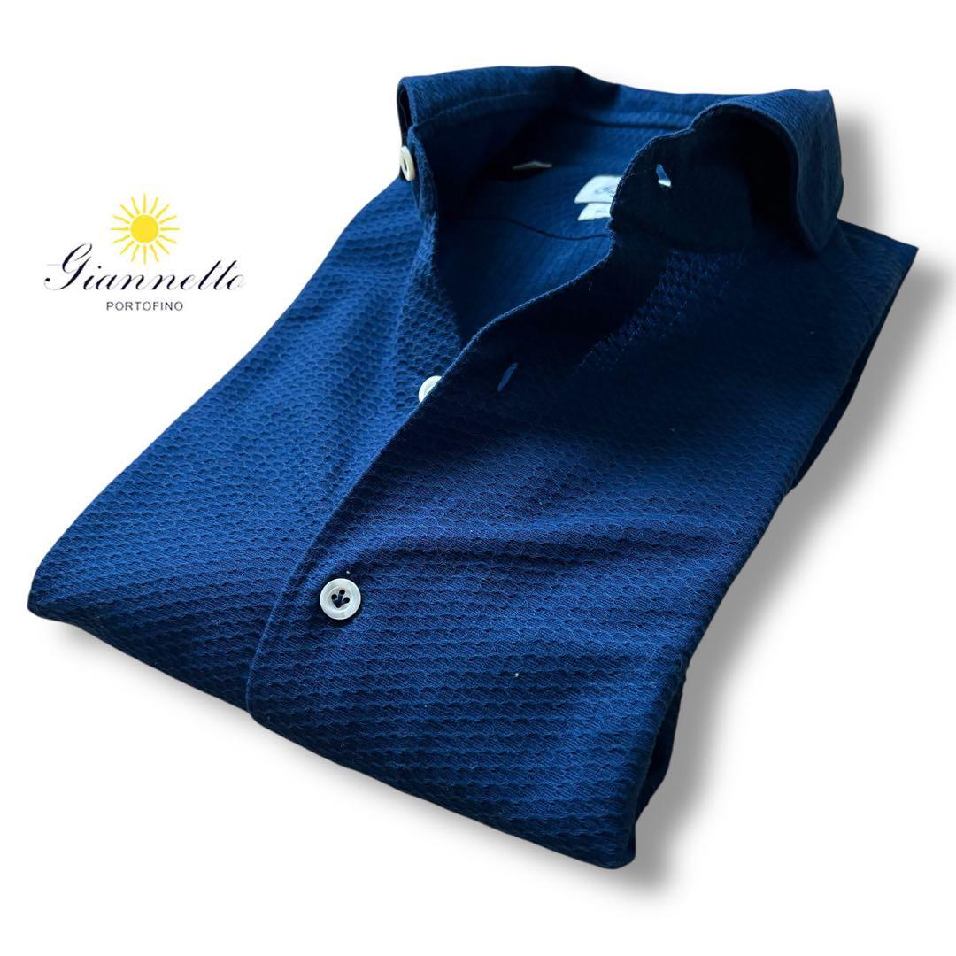 GIANNETTO vinci fit/ネイビー/コットンニットストレッチシャツ