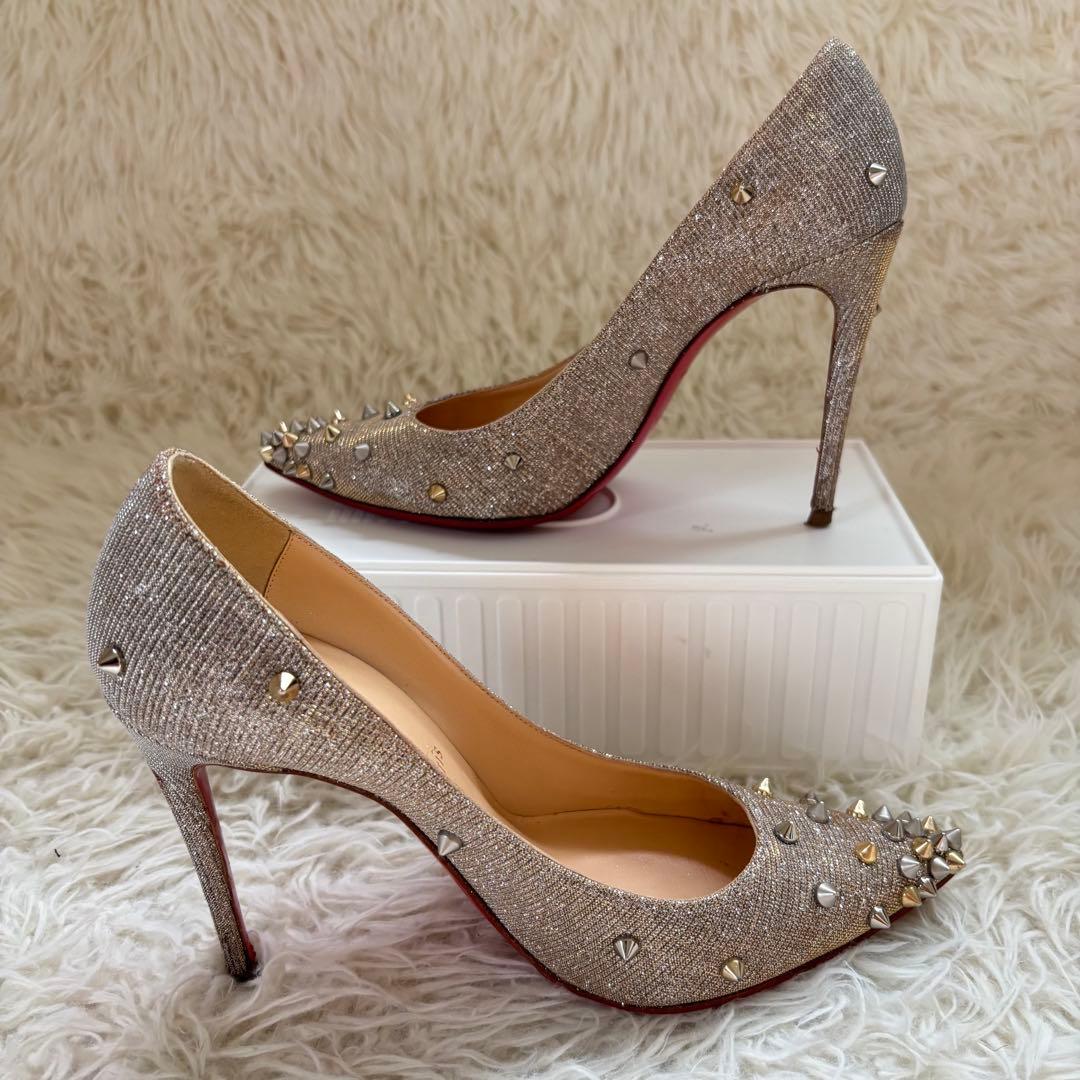 ✨クリスチャンルブタン　シルバーグリッター　スタッズ　パンプス　ハイヒール　23