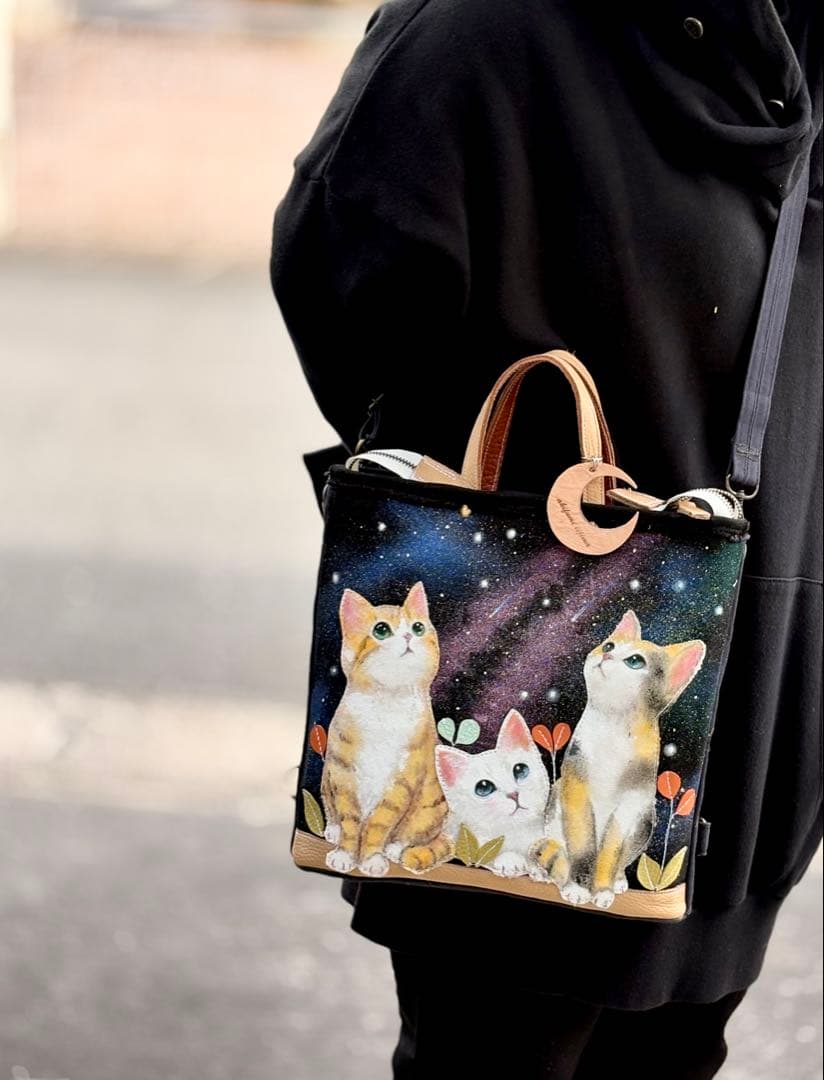 (手づくり)\"おしゃべりな夜空\"ネコたちのリュックショルダートートバッグ