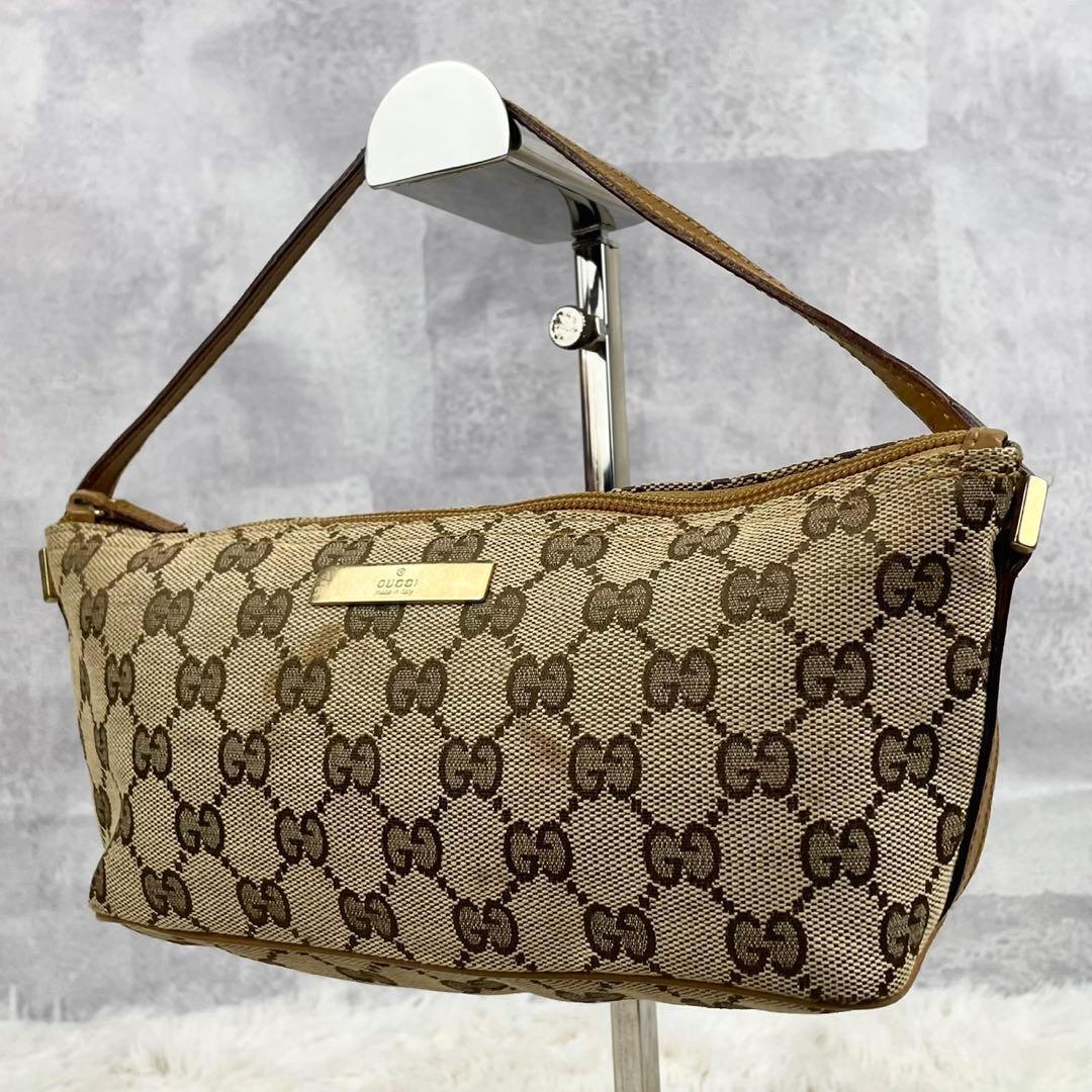 美品 グッチ キャンバス アクセサリーポーチ GG柄 ロゴ型押し ファスナー 茶