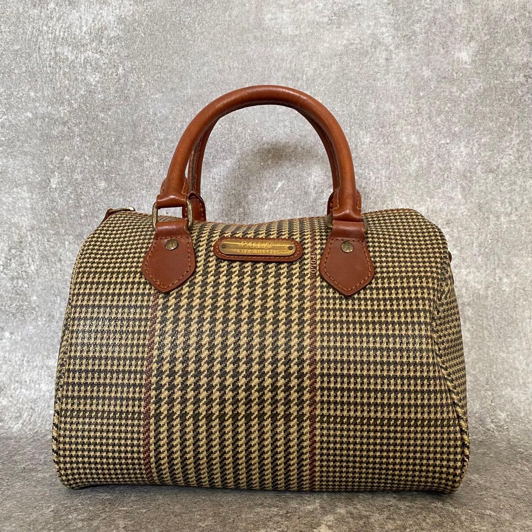 ポロラルフローレン　ミニボストンバッグ　キャンバス　レザー　千鳥柄　旅行