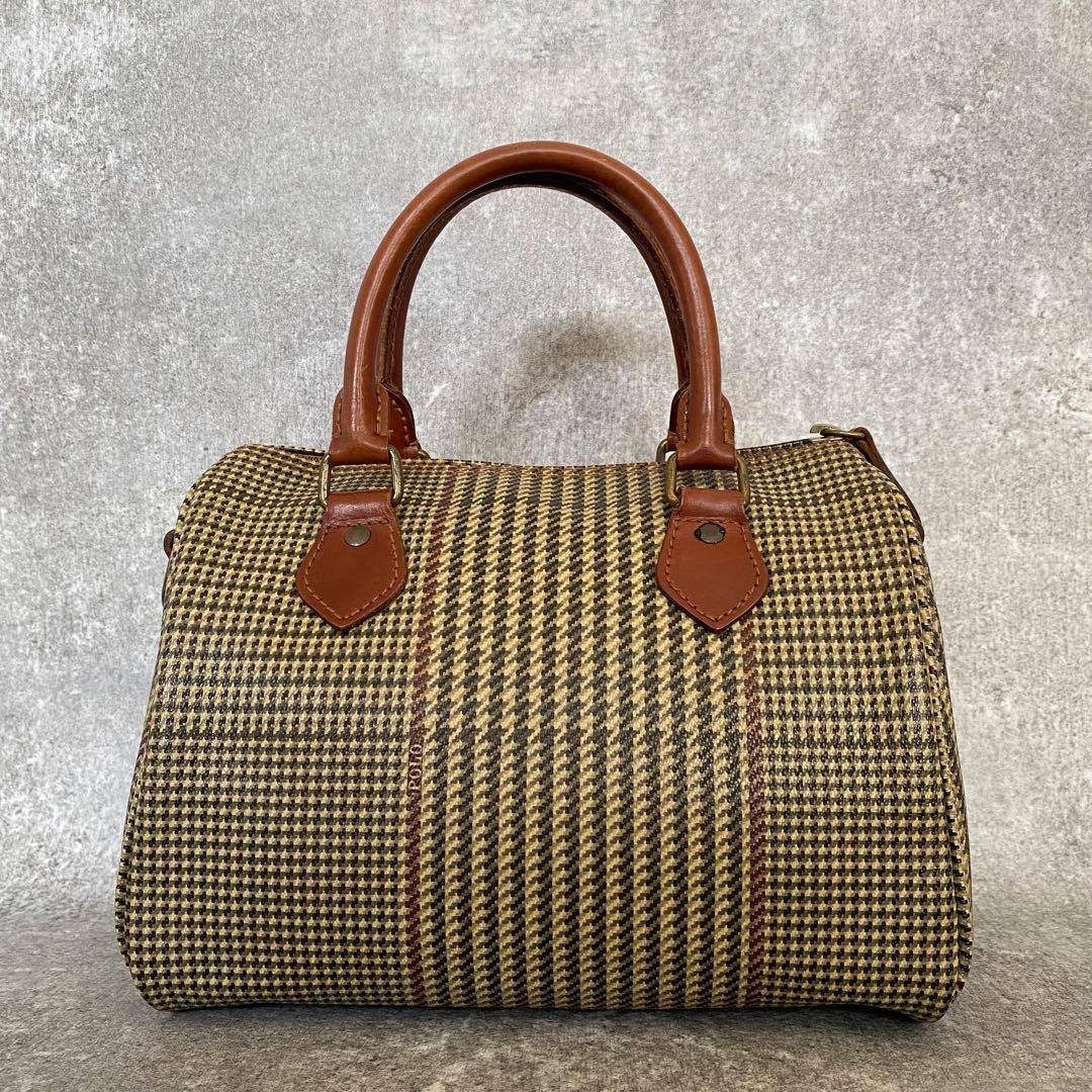 ポロラルフローレン　ミニボストンバッグ　キャンバス　レザー　千鳥柄　旅行