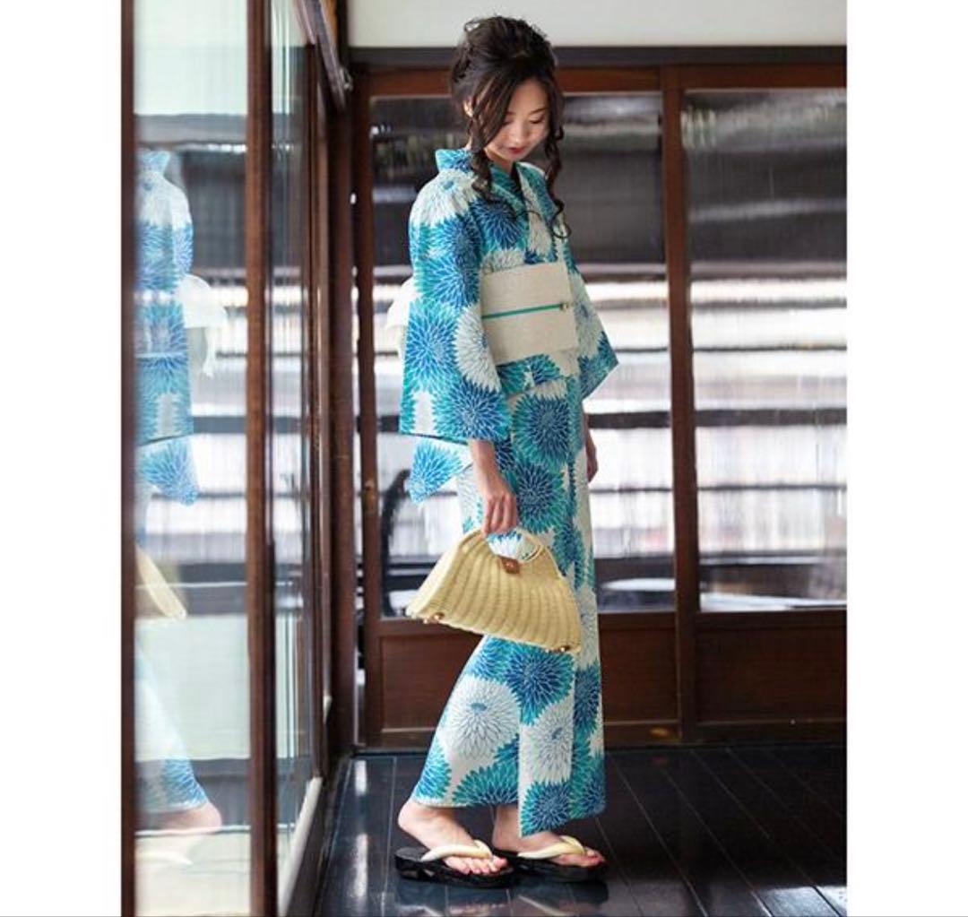 レディース 浴衣セット 浴衣3点セット（浴衣＋帯+下駄）ブルー丸菊　単衣帯
