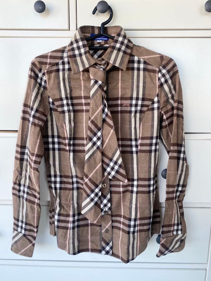 バーバリー ブルーレーベル ネクタイ付　チェック柄長袖シャツ 36