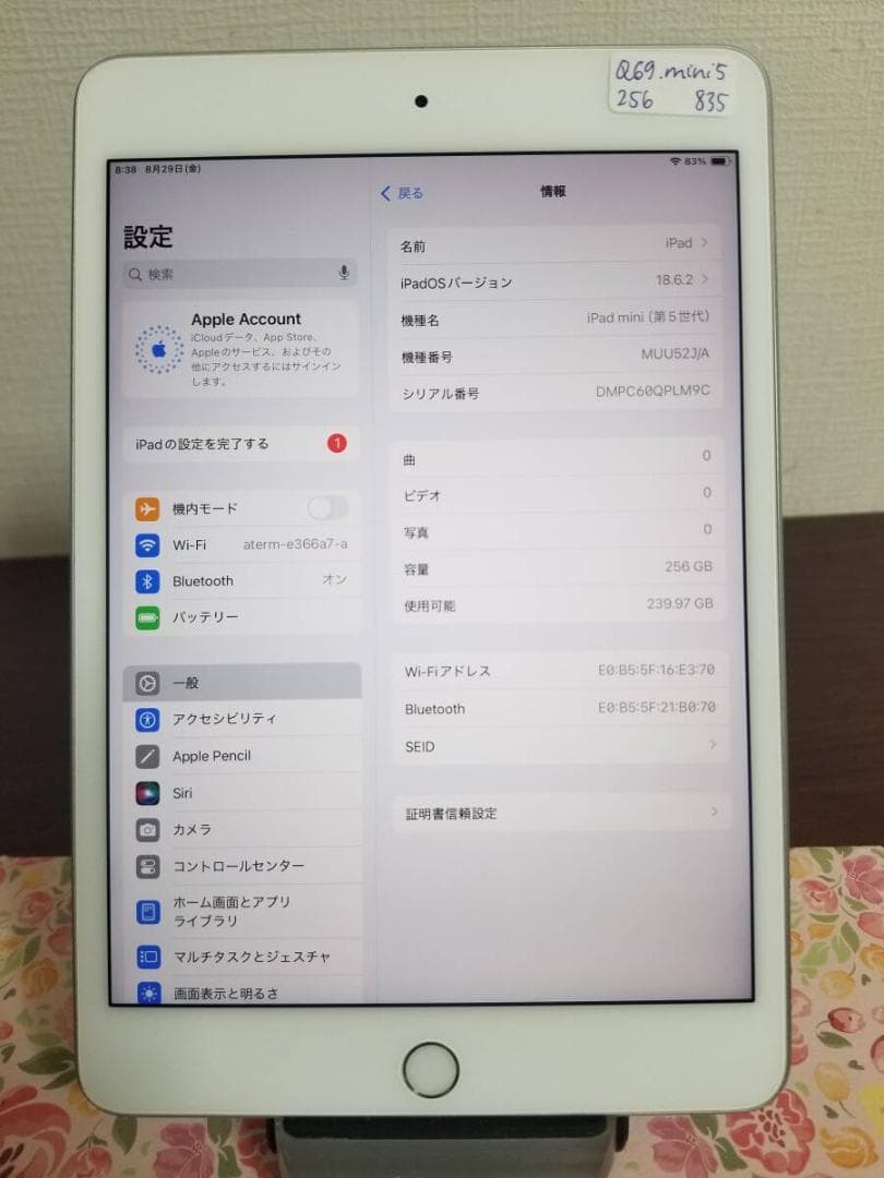 Q69 美品 ipad mini 5 256GB バッテリー89% A2133