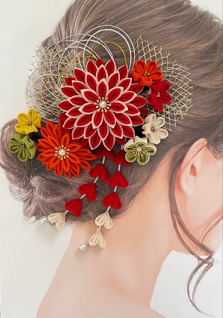 【めぐりんこ】つまみ細工　髪飾り✴︎結✴︎赤オレンジベージュNo.470再販2