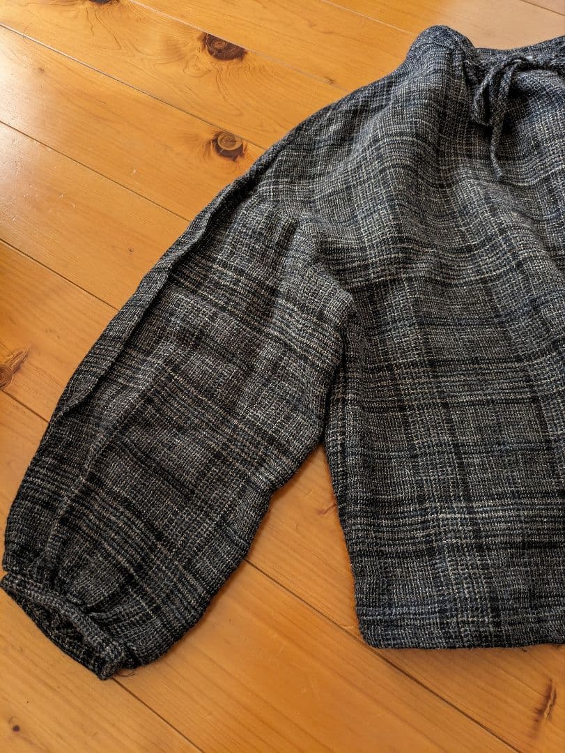 2024年　entwaボートネックギャザーブラウス　ウールリネンチェック