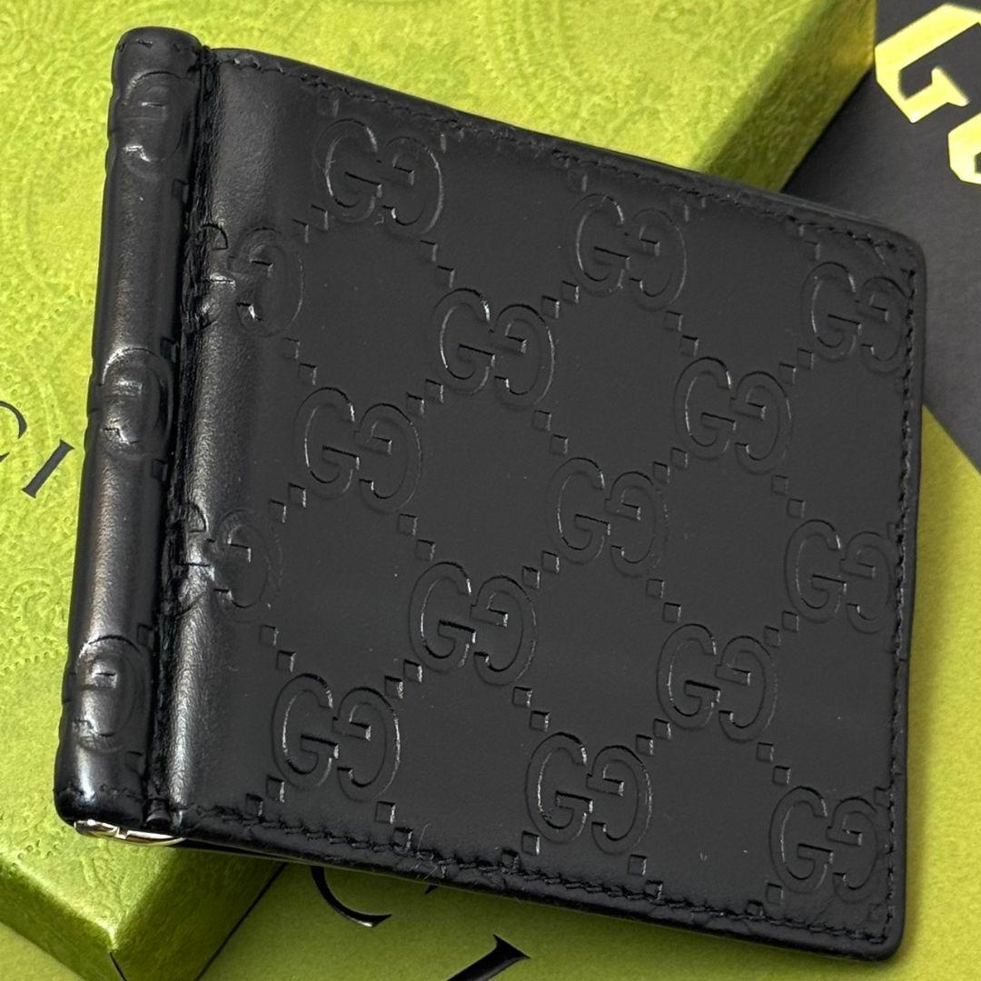 良品 グッチ シマ マネークリップ 財布 カード レザー 黒 ブラック GG