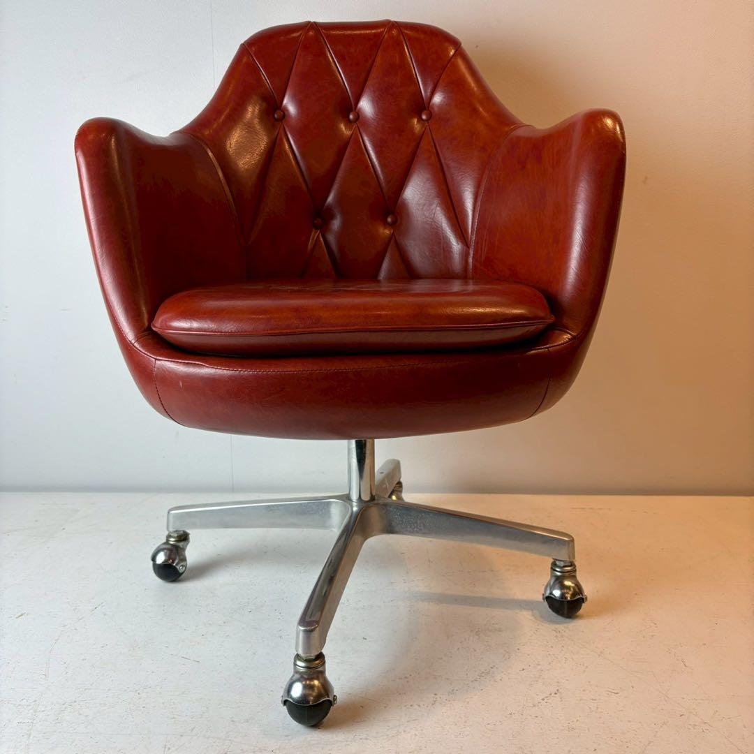 アームチェア　レザーチェア　麻雀椅子　ワークチェア　赤茶　キャスターチェア