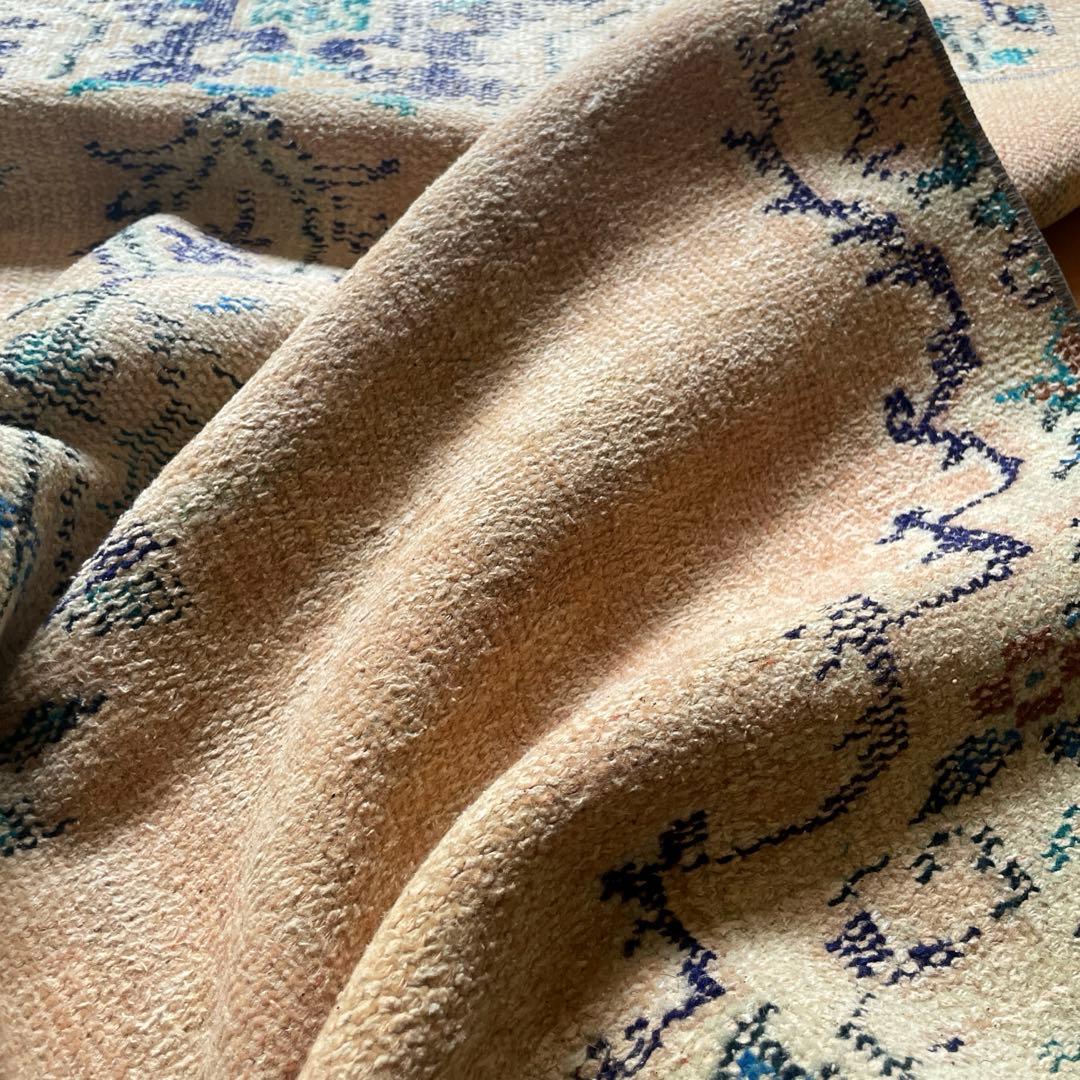 99×222 ペールベージュ×ブルー　メダリオン　擦れトルコヴィンテージラグ
