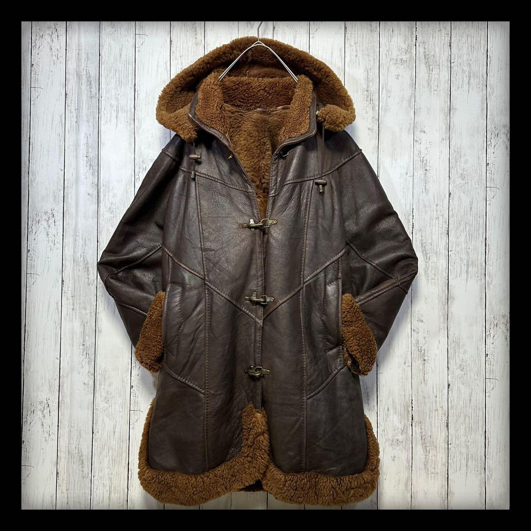 【ムートンコート☆ファイヤーマンジャケット】本革☆フード脱着可能☆XL ブラウン