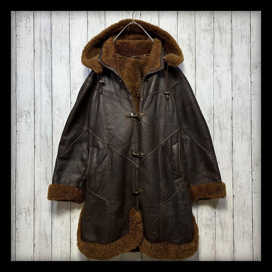 【ムートンコート☆ファイヤーマンジャケット】本革☆フード脱着可能☆XL ブラウン