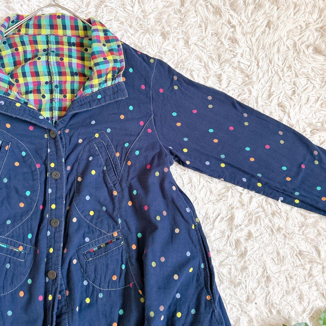 センソユニコ⁂ドット　チェック　羽織　ロングシャツジャケット　コクーン　柄切り替