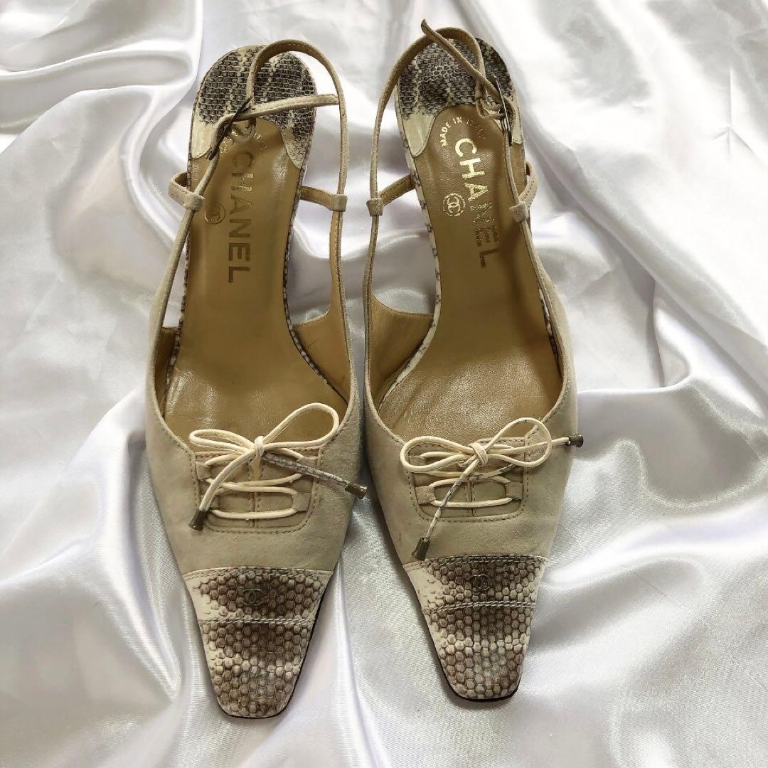 CHANEL シャネル　ミュール　パイソン　リボン　ヒール　ココマーク