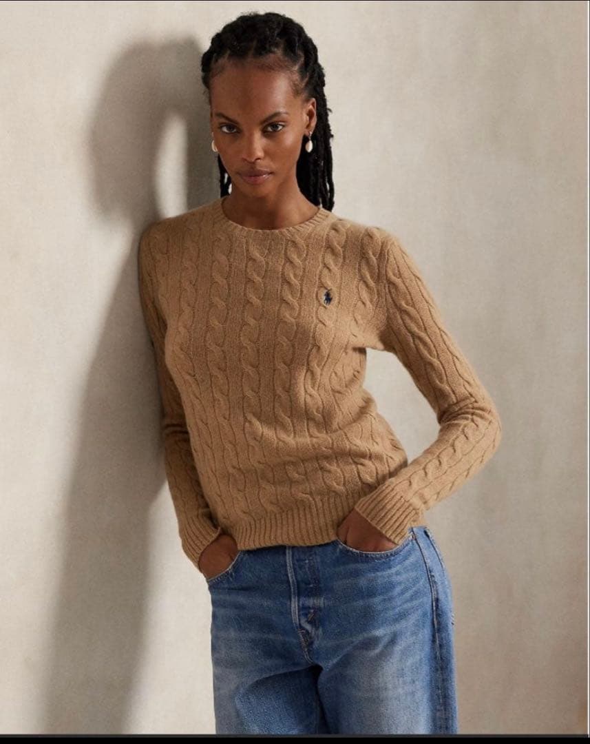 美品　ポロラルフローレン ケーブルニットコットンセーター 長袖 ベージュ XL