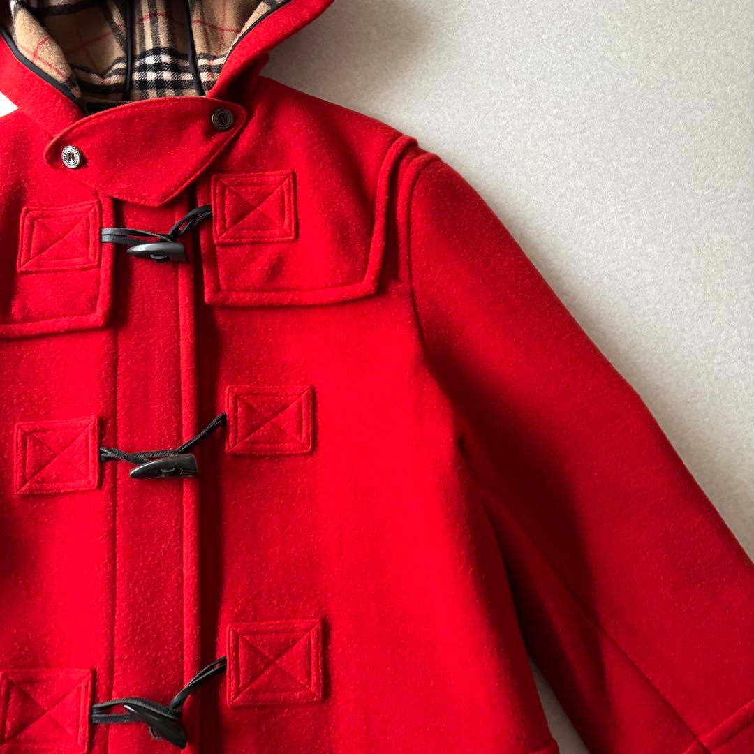 【美品】バーバリー　ウール　ダッフルコート　Ｌ　赤　ノバチェック